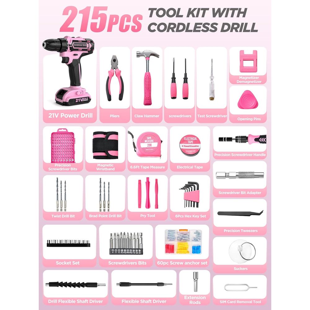 21V Pink Power Drill Set, 215- - Power Tools Pink ulasan dan harga