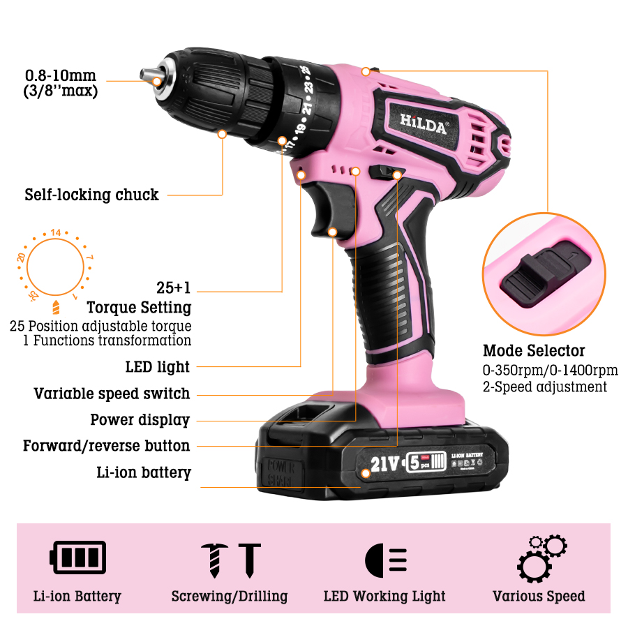HILDA 21V Pink Drill Electric  - Power Tools Pink ulasan dan harga